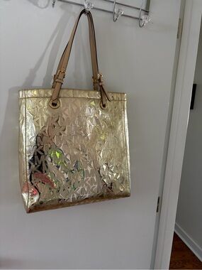 Michael Kors Metallic Gold MK Monogram Tote with Tan Straps